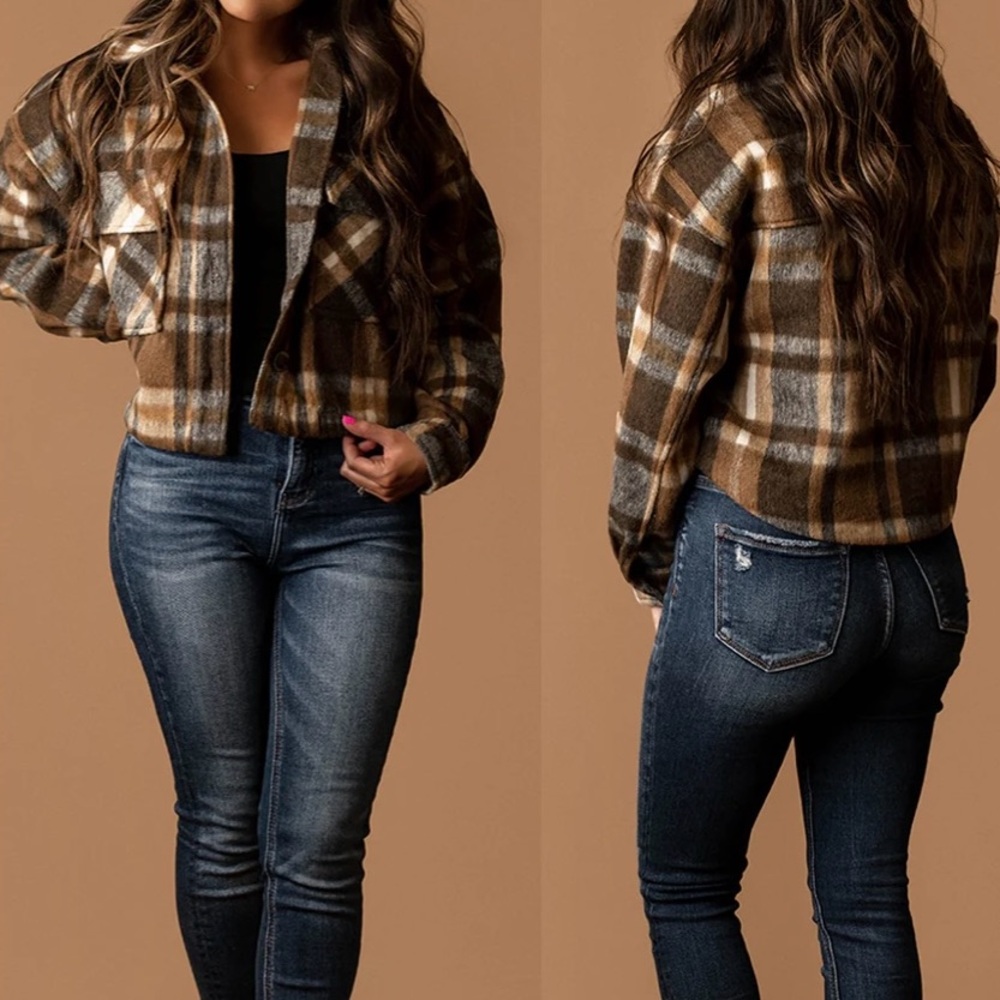 Love Tree Plaid Brown Cropped Shacket